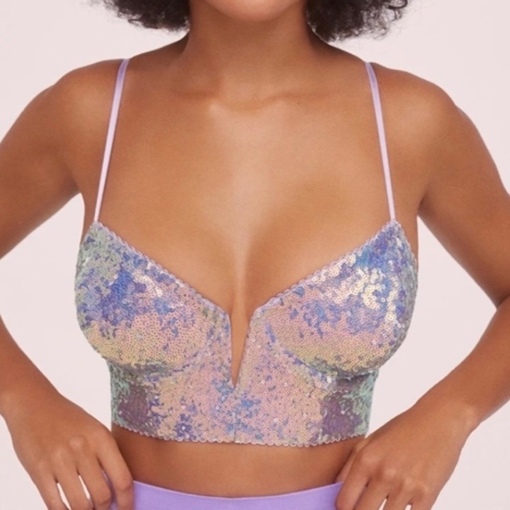 For Love & Lemons Iridescent Sequin Bustier Crop Top Lavender Holiday 2020 XS